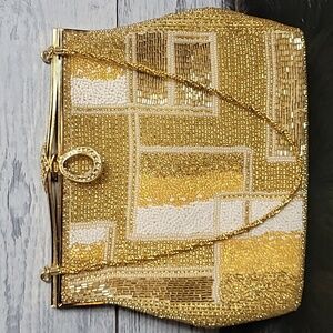 Vintage Beaded Clutch Handbag Gorgeous Yellow Gold and White Beaded